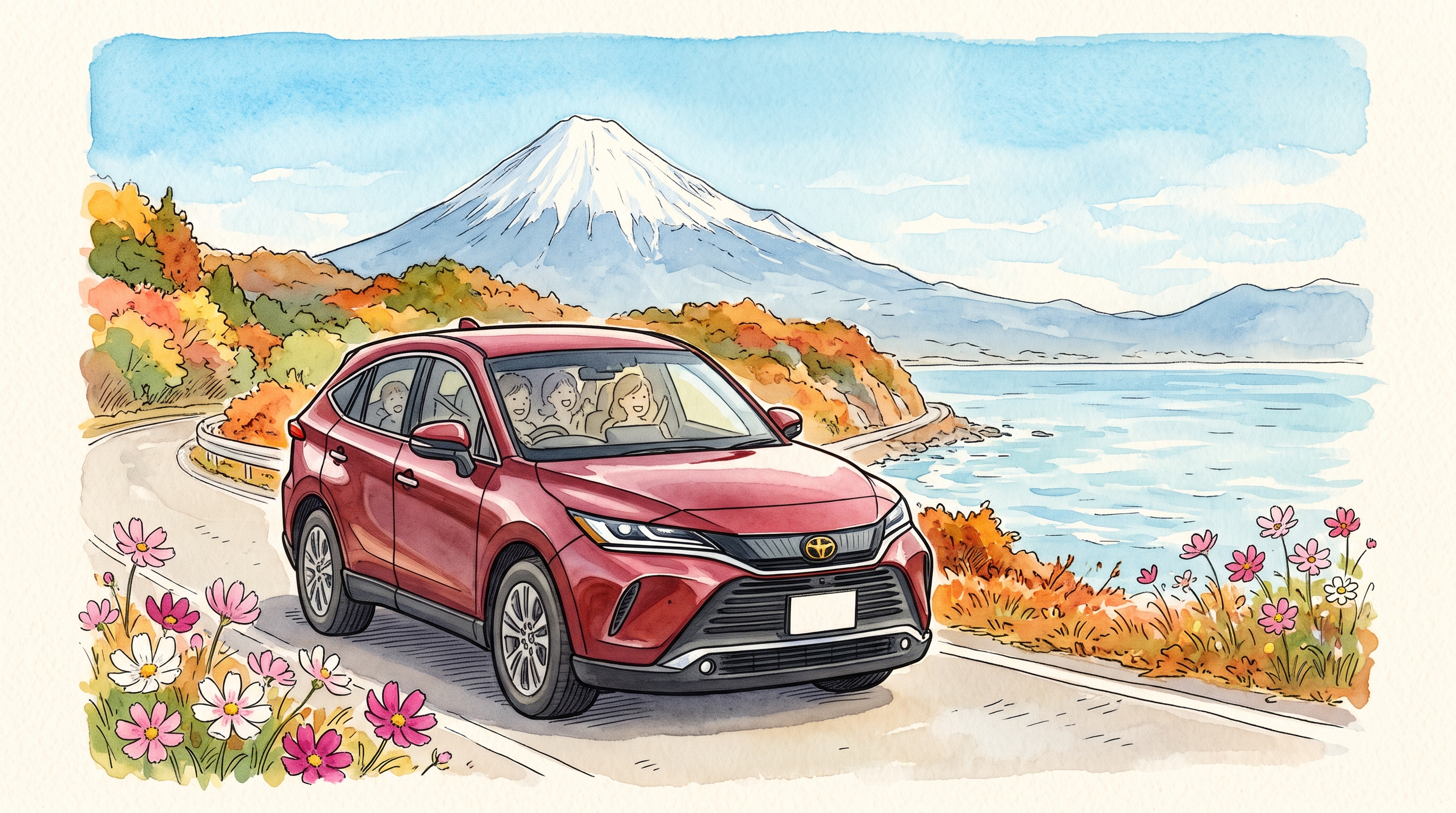 秋の富士山と駿河湾ドライブイラスト